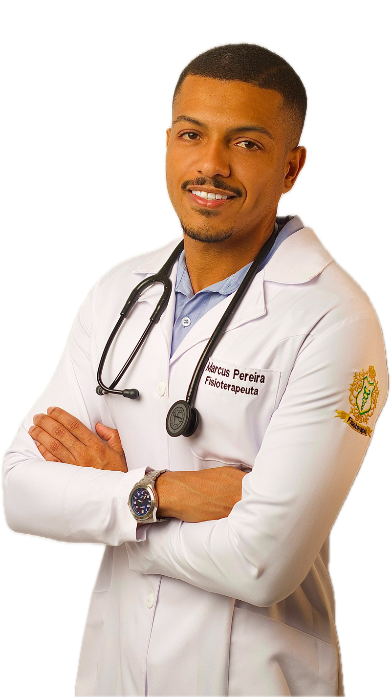 Marcus Pereira, fisioterapeuta, de jaleco branco e estetoscópio, com os braços cruzados
